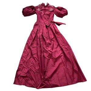 Vintage 1980s dress maroon short puff sleeve lace XS maxi prom